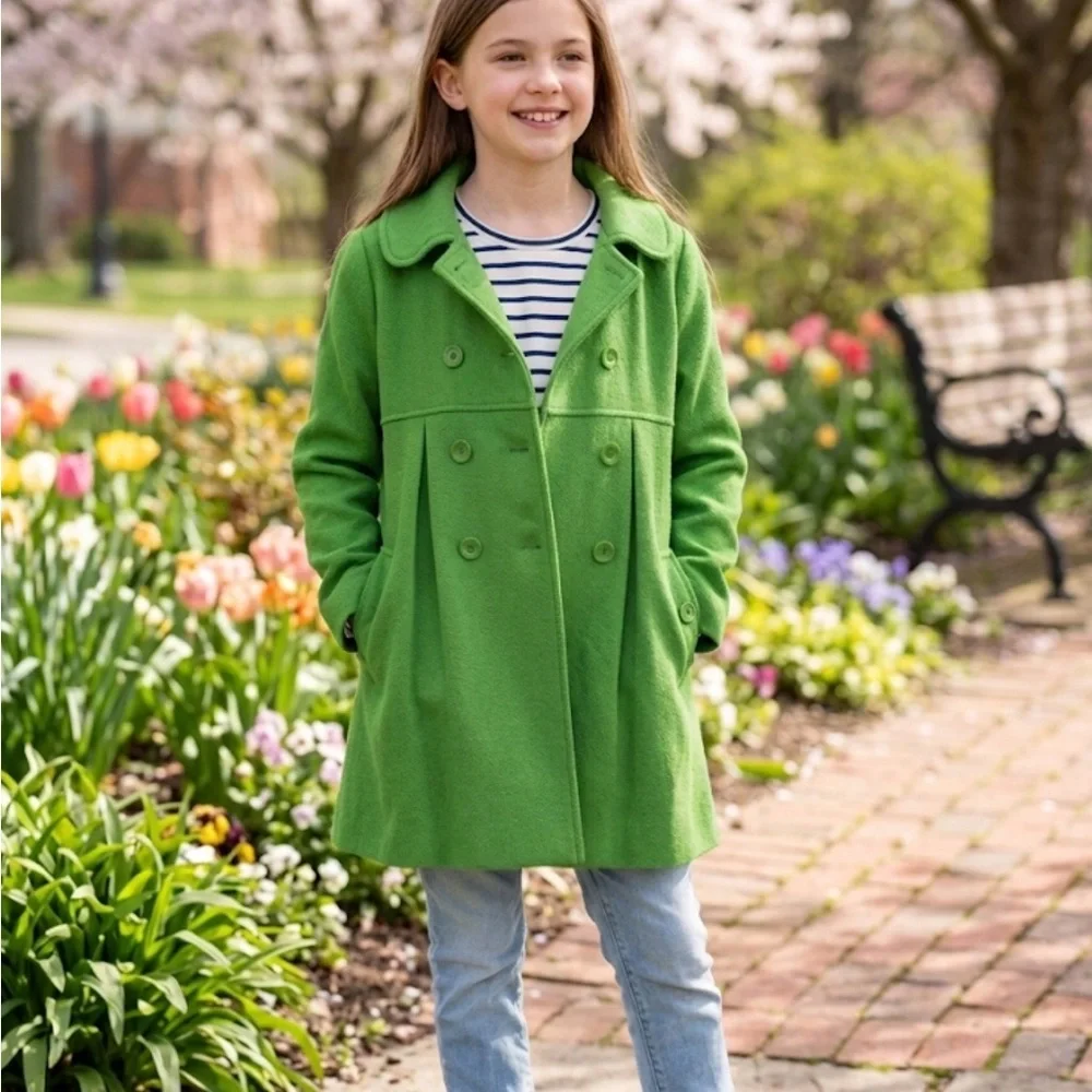 Gap Girls Wool Blend Pea Coat L Apple Green Peter Pan Collar Retro